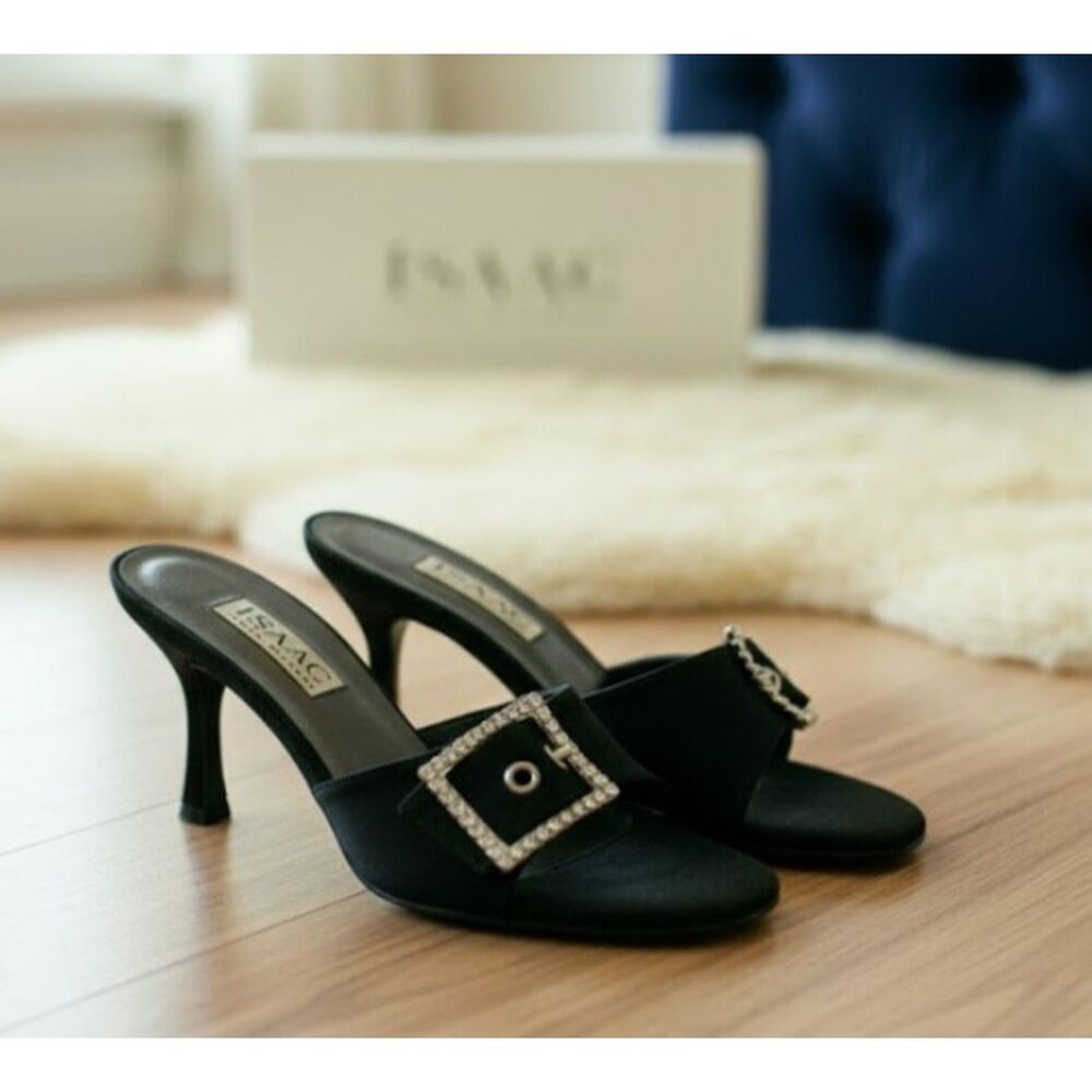 Isaac Mizrahi Patrizia Heels Black Rhinestone Sandals Italian Shoes w/Box 6.5 M